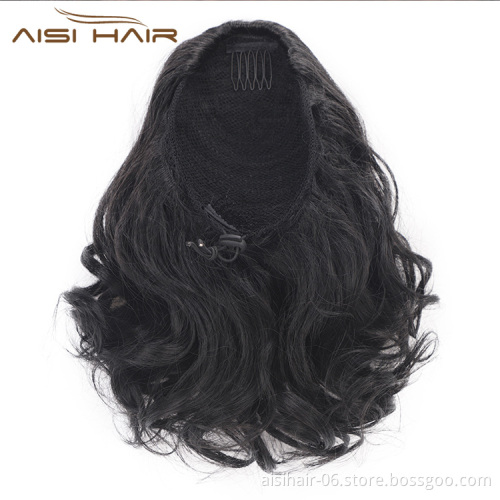 Aisi Hair Heat Resistant Fiber Synthetic Curly Wig Ponytail Drawstring Short Big Wave Pony Tail Clip In Curly Hair Bun